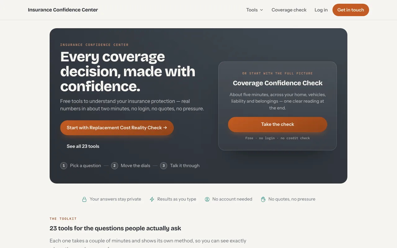 A member's Insurance Confidence Center: the Coverage Confidence Check and the 23-tool library on the Center's home page