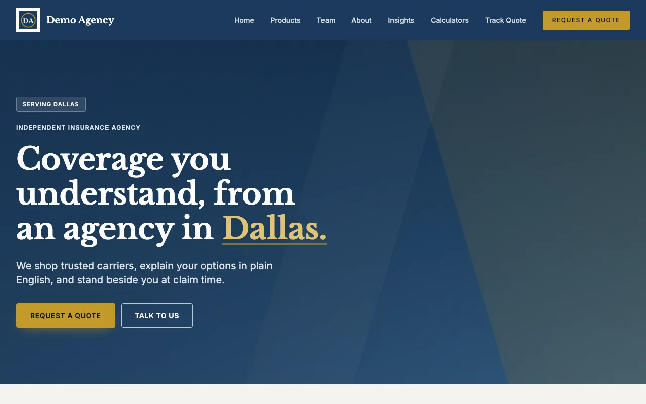 A live Reliable Reads P&C member site: an independent agency's home page with the quote request front and center